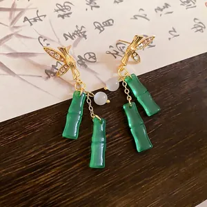 Elegant New Chinese style bamboo joint resin tassel earrings with gold leaf and crystals