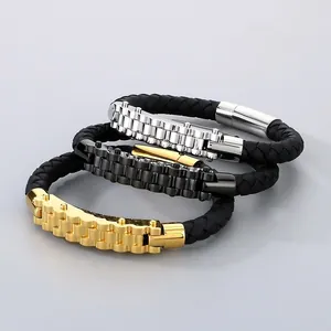 Men's Industrial Business Braided Leather Bracelet With Titanium Steel Watch Band Bicycle Chain Link Punk Mechanical Wristband Jewelry