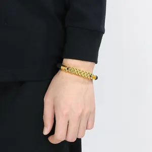Gold stainless steel bicycle chain bracelet with black braided leather rope for men