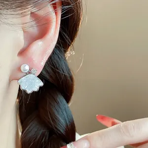 Elegant silver needle stud earrings with pearl, zircon, and shell pendant for women