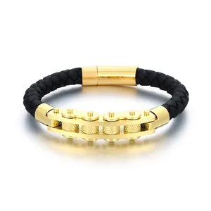 Business style men's braided leather bracelet with gold stainless steel bike chain link.