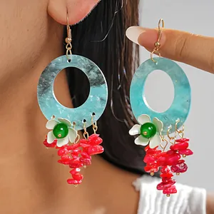 Bohemian Asymmetrical Marbled Resin Geometric Ring Flower Red Artificial Coral Tassel Earring Hooks For Women Fashion Jewelry