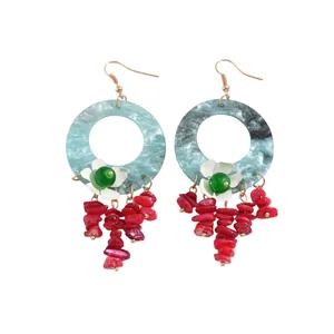 Bohemian dopamine style asymmetric earrings with marble circles and red coral tassels
