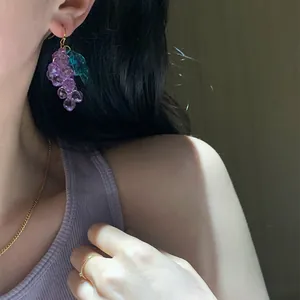 Elegant transparent purple grape cluster drop earrings with green leaf detail for summer
