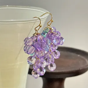 Detailed close-up of grape bunch earrings with faceted translucent purple beads