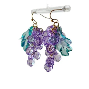 Unique transparent purple grape cluster drop earrings with green leaves for summer