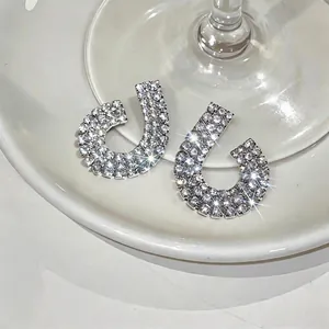 Elegant French palace style silver geometric crystal stud earrings for luxury fashion