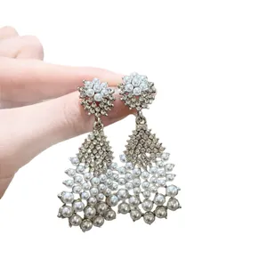 Elegant silver-tone rhombus dangle earrings with pearls and zirconia in French vintage style
