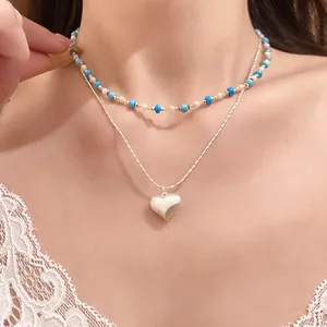 Elegant double-layered Korean style beaded choker with silver heart pendant necklace