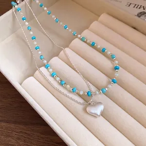 Korean style minimalist double-layer necklace with turquoise beads and frosted heart pendant