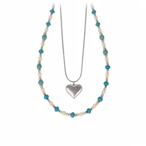 Minimalist Korean style double-layer necklace with heart pendant and colorful beads.