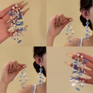 Women Bohemian Exaggerated Vacation Tassel Drop Earrings Artificial Pearl Colorful Resin Petal Handcrafted Jewelry