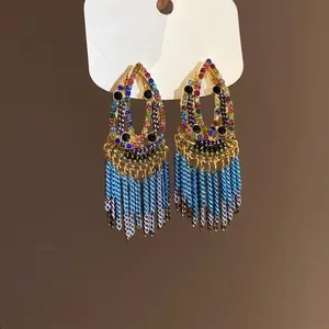 Bohemian vintage teardrop earrings with colorful stones and elegant blue fringe tassels