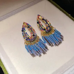 Elegant Bohemian teardrop earrings featuring colorful rhinestones and blue chain tassels