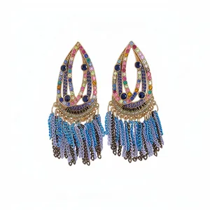 Bohemian waterdrop earrings featuring vibrant multi-colored gemstones and blue chain tassels
