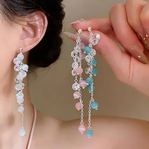 Luxury Copper Cat's Eye Stone Long Tassel Stud Earrings With 925 Sterling Silver Earring Post Zirconia Vacation Jewelry For Women