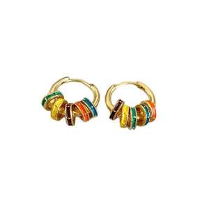 Vibrant multi-colored enamel charm hoop earrings with high-quality gold plating for women