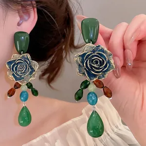 Vintage Green Rose Flower Drop Earrings For Women New Chinese Style Gold Edged Resin Glass Beaded Teardrop Earrings Jewelry