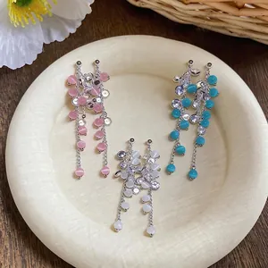 Elegant sterling silver zircon cat-eye stone tassel earrings for summer vacation style