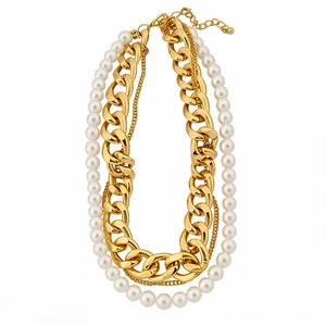 Elegant multi-layer vintage gold chain necklace with round white pearl beads for women