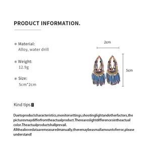 Detailed view of Bohemian blue tassel earrings with 5cm height and 2cm width specs