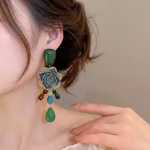 Elegant vintage green rose dangle earrings with colorful crystal beads for women