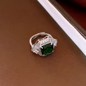 Elegant luxury square emerald green zircon open ring with sparkling pavé-set side stones