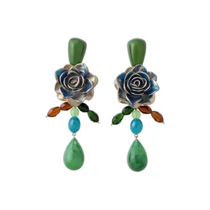 Vintage resin flower drop earrings with blue rose and green teardrop beads