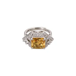 Elegant vintage adjustable open ring featuring a large square yellow zircon center stone