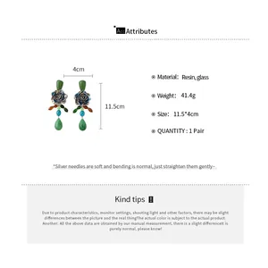 Detailed specs for vintage green rose drop earrings with resin and glass materials.