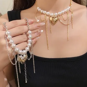 European Retro Artificial Pearl Beaded Chain Heart Pendant Necklace For Women Elegant Gold Silver Color Choker Jewelry
