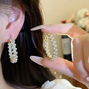 French Luxury 14K Gold Plated Hoop Earrings For Women With Zirconia And Artificial Pearl Inlay Earring Post Jewelry