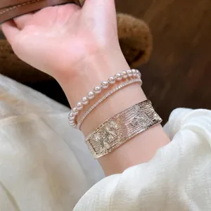 New Chinese Style Silver Hollow Bangle For Women Artistic Vintage Artificial Pearl Rhinestone Bracelet Exquisite Hollow Bangle Jewelry Gift