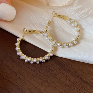Elegant 14k gold plated hoop earrings with pearl accents for women, French style