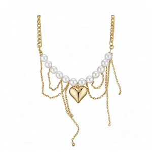 Elegant gold heart pendant necklace with pearls and multi-layer dangling chains.