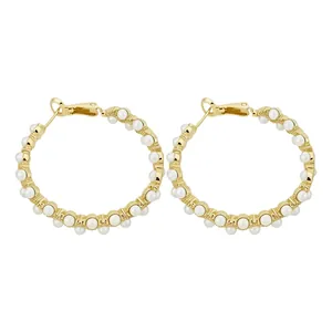 Elegant 14k gold plated hoop earrings with delicate pearl embellishments for women