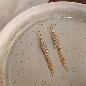 Elegant 18k gold plated wheat ear tassel earrings with sparkling marquise zircon crystals