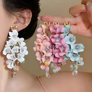 Handmade Fabric Flower Tassel Drop Earrings With 925 Sterling Silver Earring Post Bohemian Heart Glass Pendant Jewelry For Women