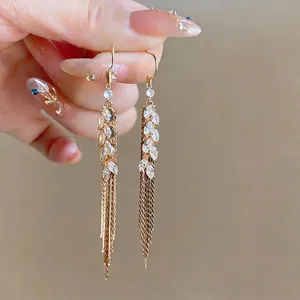 Elegant 18k gold plated wheat tassel earrings with sparkling marquise-cut zircons