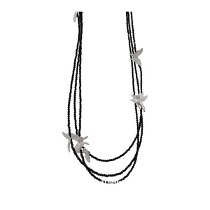 Elegant three-layer black beaded necklace adorned with intricate silver butterfly charms