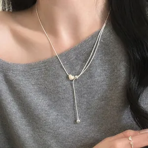 Collana Minimalista Francese con Pendente a Cuore Lega Placcata Argento con Cuore a Goccia d'Olio Collana Lariat a Catena Lunga per Donna Gioielli Moda