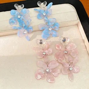 S925 silver needle heart resin flower earrings with sparkling rhinestones