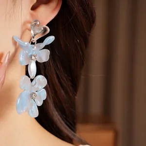 Elegant blue resin flower tassel earrings with heart design and shining rhinestones