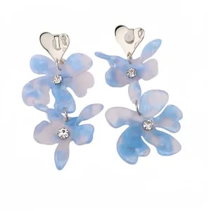 Elegant silver post heart resin flower drop earrings with crystals for vacation