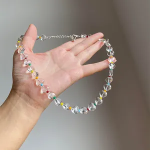 Rainbow Heart Beaded Necklace Transparent Glass Beads Dopamine Style Summer Clavicle Chain Jewelry For Women