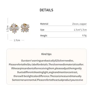 Detail view of 18K gold-plated zircon flower clip-on earrings with size and weight info.