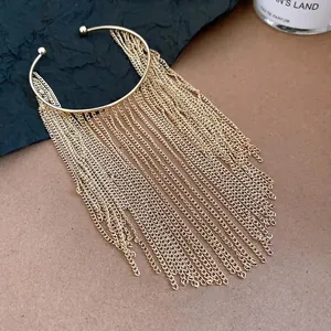 Vintage gold metal chain fringe open cuff bracelet with minimalist luxury design