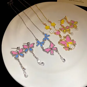 Sweet Butterfly Flower Jewelry Set Alloy Rhinestone Artificial Pearl Tassel Drop Earrings Dainty Clavicle Necklace For Women Girl