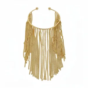 Elegant gold-tone metal open cuff bracelet featuring long layered chain tassel fringe design