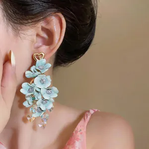 Elegant light blue fabric flower drop earrings with heart crystal tassels for women